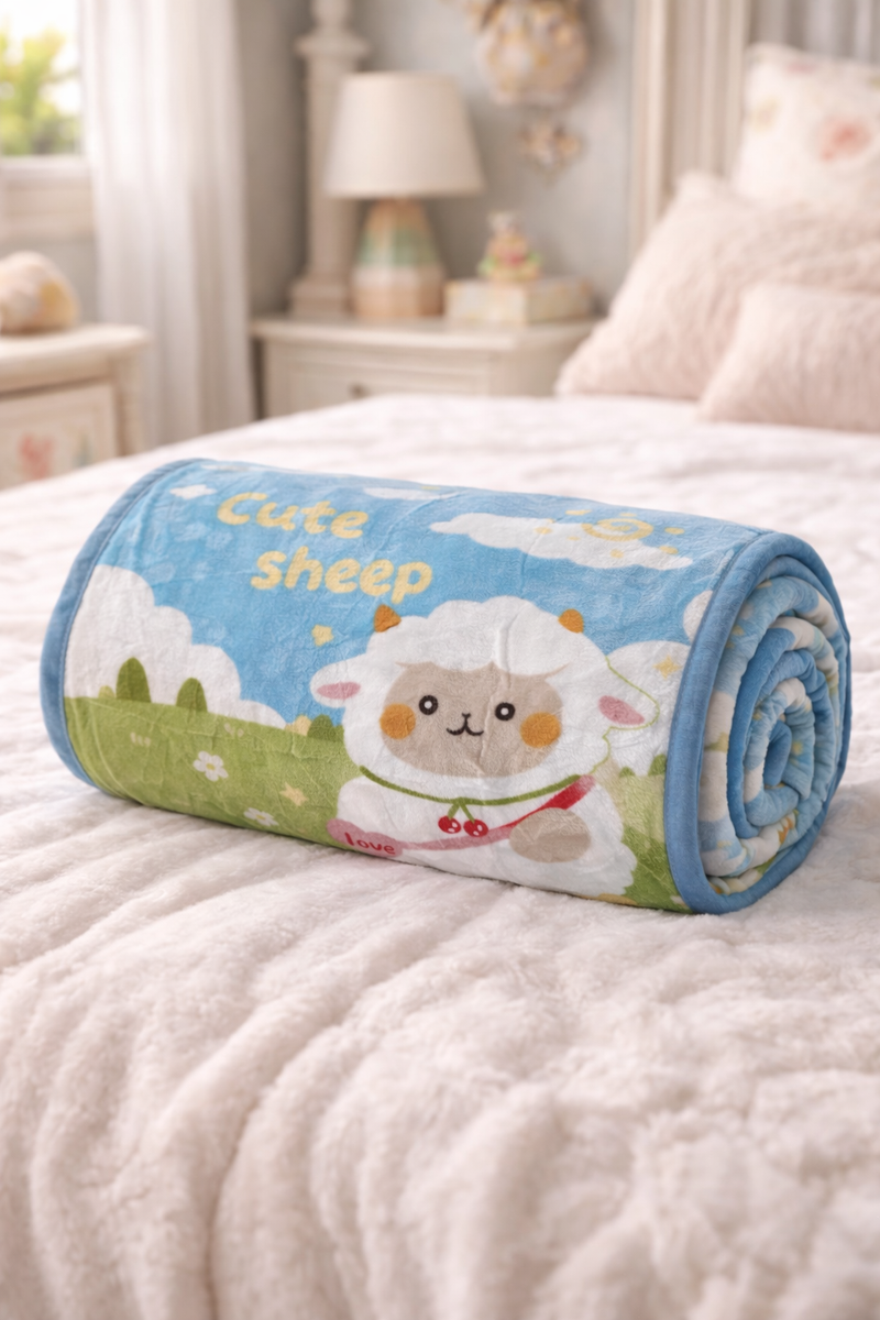 Lightweight Soft Plush Velvet Fleece 2 way Printed Blanket for 1 -7 Year Olds - Cute Sheep