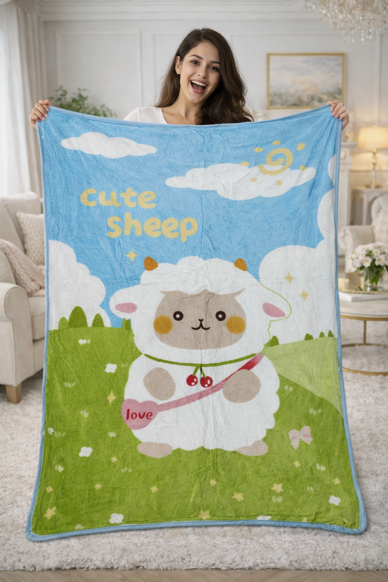Lightweight Soft Plush Velvet Fleece 2 way Printed Blanket for 1 -7 Year Olds - Cute Sheep