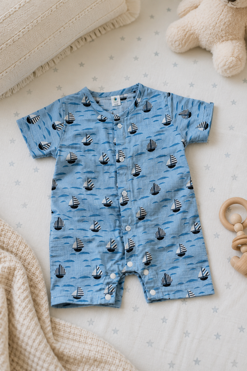 Blue Sail | Short Sleeves | Unisex Romper Bodysuit | 100% Cotton Muslin for 0 to 2 Yrs
