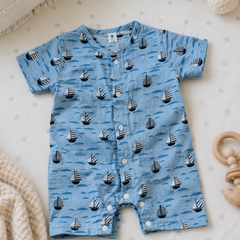 Blue Sail | Short Sleeves | Unisex Romper Bodysuit | 100% Cotton Muslin for 0 to 2 Yrs