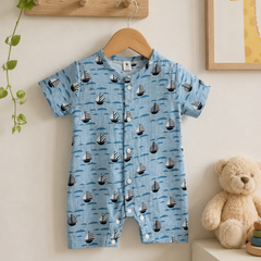 Blue Sail | Short Sleeves | Unisex Romper Bodysuit | 100% Cotton Muslin for 0 to 2 Yrs