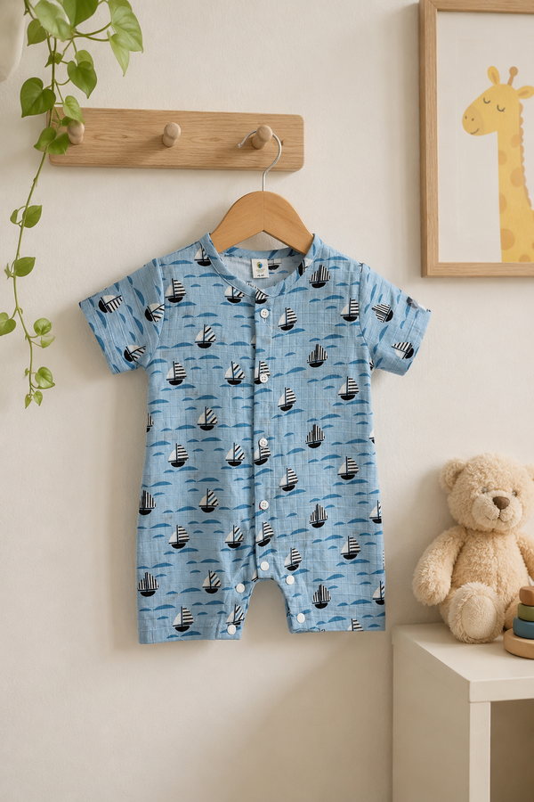 Blue Sail | Short Sleeves | Unisex Romper Bodysuit | 100% Cotton Muslin for 0 to 2 Yrs