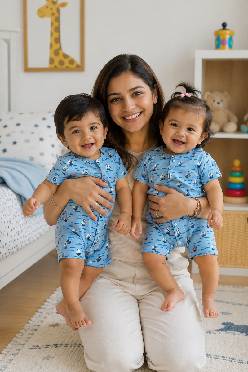 Blue Sail | Short Sleeves | Unisex Romper Bodysuit | 100% Cotton Muslin for 0 to 2 Yrs