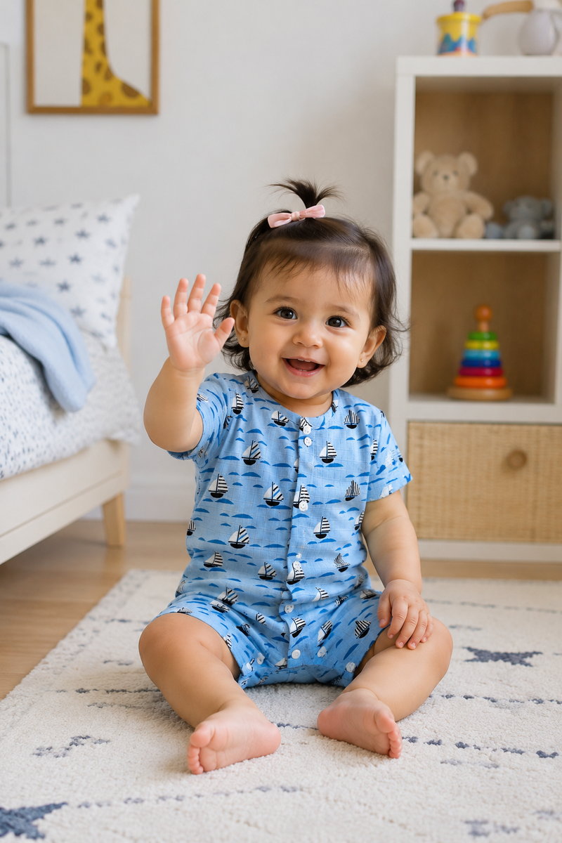 Blue Sail | Short Sleeves | Unisex Romper Bodysuit | 100% Cotton Muslin for 0 to 2 Yrs