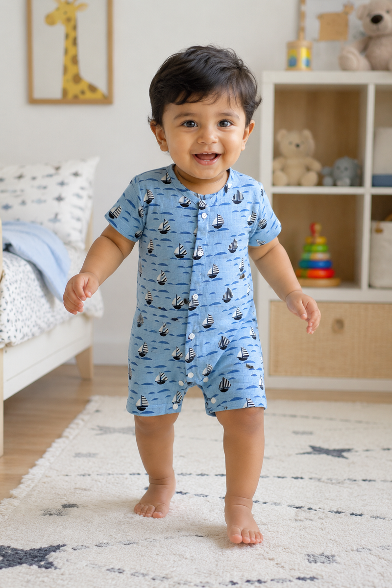Blue Sail | Short Sleeves | Unisex Romper Bodysuit | 100% Cotton Muslin for 0 to 2 Yrs