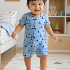 Blue Sail | Short Sleeves | Unisex Romper Bodysuit | 100% Cotton Muslin for 0 to 2 Yrs