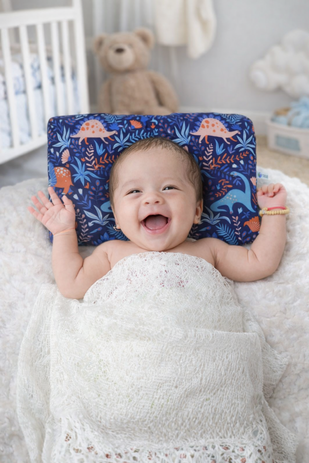 Kradyl Kroft Baby Head Shaping Pillow with 100% Cotton Removable Cover | New Born Pillow for Flat Head Prevention (Happy Dino)