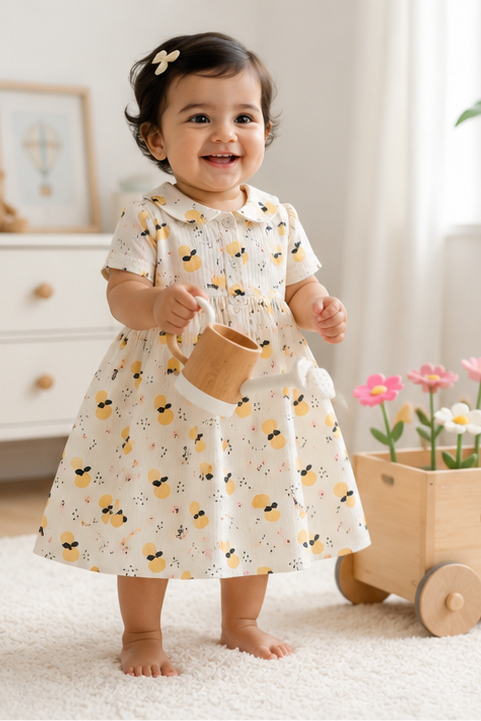 Girls Dress with Short Sleeves and Cute Collar | Premium Crinkled Double Layered Muslin Fabric - Design 20S