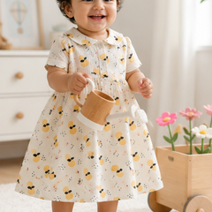 Girls Dress with Short Sleeves and Cute Collar | Premium Crinkled Double Layered Muslin Fabric - Design 20S