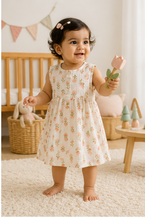 Lotus Stem Girls Dress | Sleeveless | Premium Crinkled Double Layered Muslin Fabric