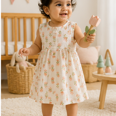 Lotus Stem Girls Dress | Sleeveless | Premium Crinkled Double Layered Muslin Fabric