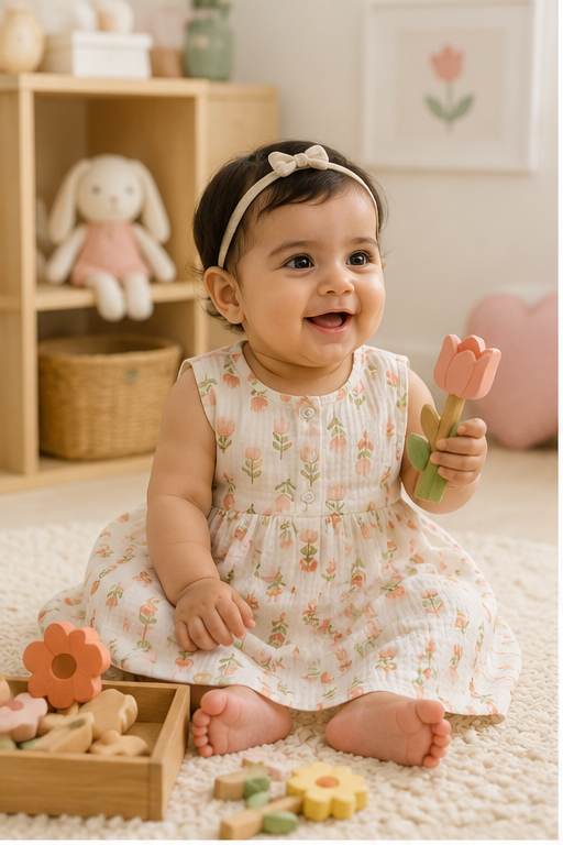 Lotus Stem Girls Dress | Sleeveless | Premium Crinkled Double Layered Muslin Fabric