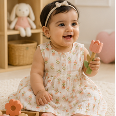 Lotus Stem Girls Dress | Sleeveless | Premium Crinkled Double Layered Muslin Fabric