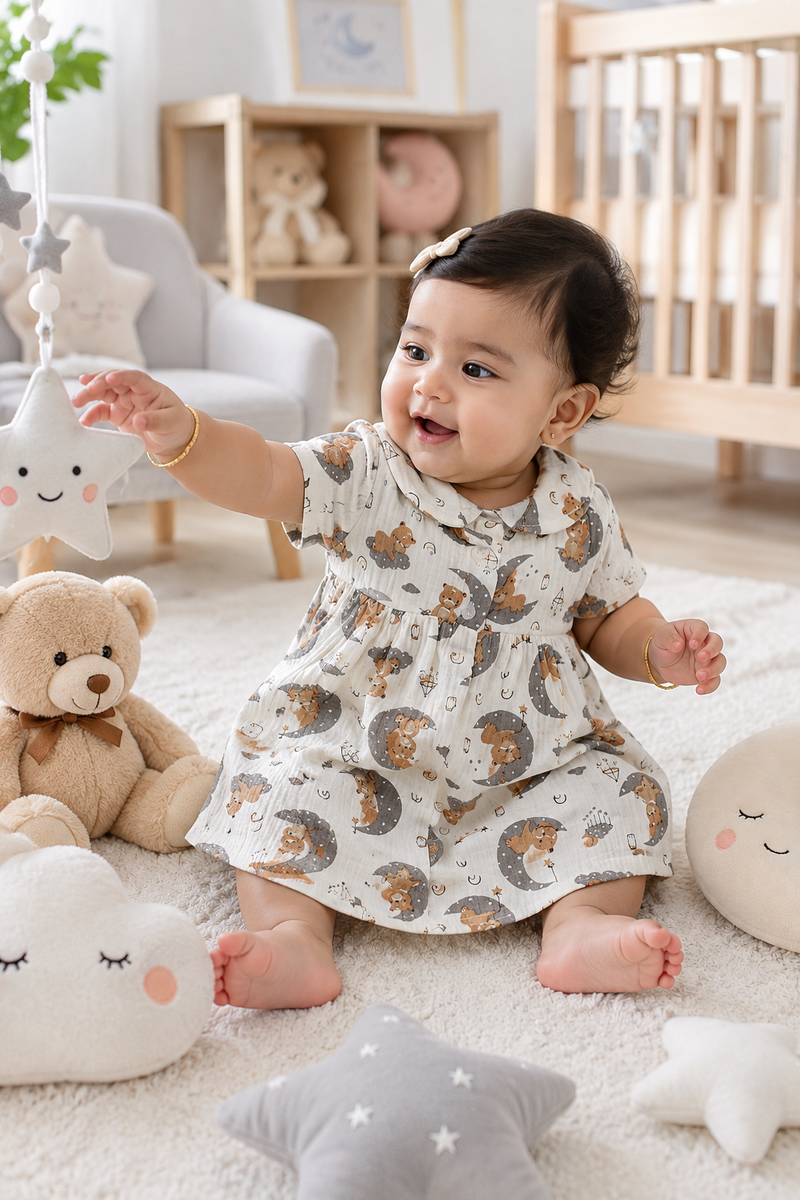 Good Night Bear Girls Dress with Short Sleeves and Cute Collar | Premium Crinkled Double Layered Muslin Fabric