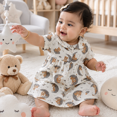 Good Night Bear Girls Dress with Short Sleeves and Cute Collar | Premium Crinkled Double Layered Muslin Fabric