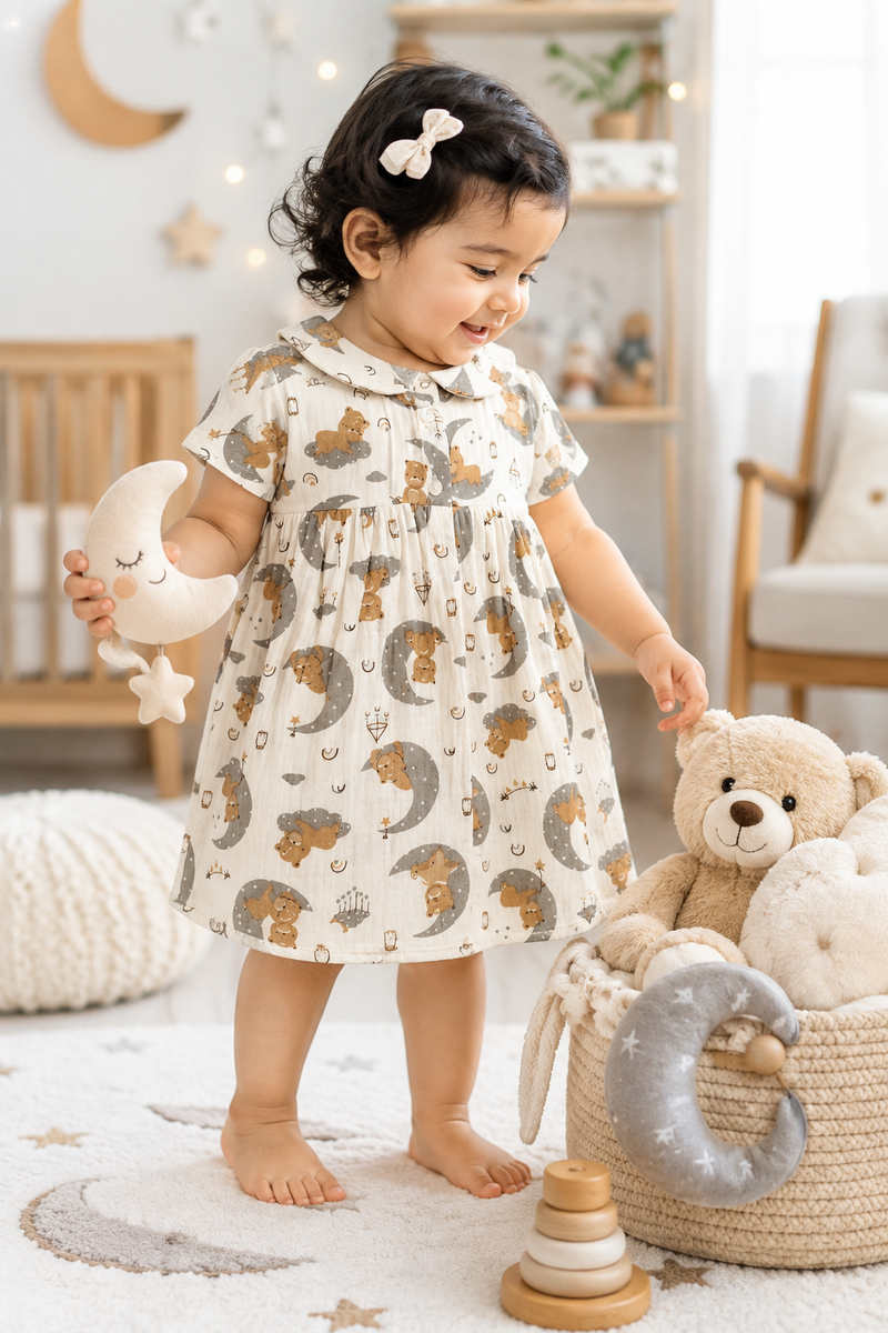 Good Night Bear Girls Dress with Short Sleeves and Cute Collar | Premium Crinkled Double Layered Muslin Fabric