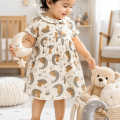 Good Night Bear Girls Dress with Short Sleeves and Cute Collar | Premium Crinkled Double Layered Muslin Fabric