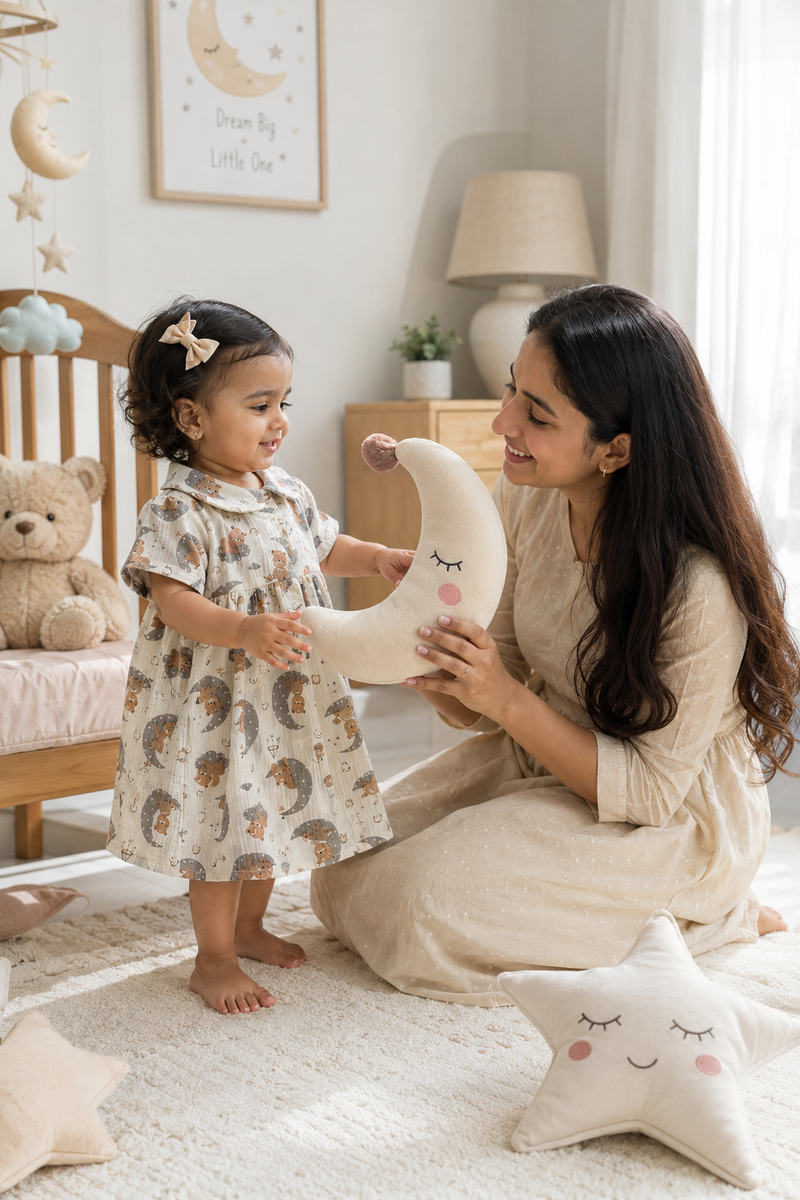 Good Night Bear Girls Dress with Short Sleeves and Cute Collar | Premium Crinkled Double Layered Muslin Fabric