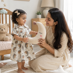 Good Night Bear Girls Dress with Short Sleeves and Cute Collar | Premium Crinkled Double Layered Muslin Fabric