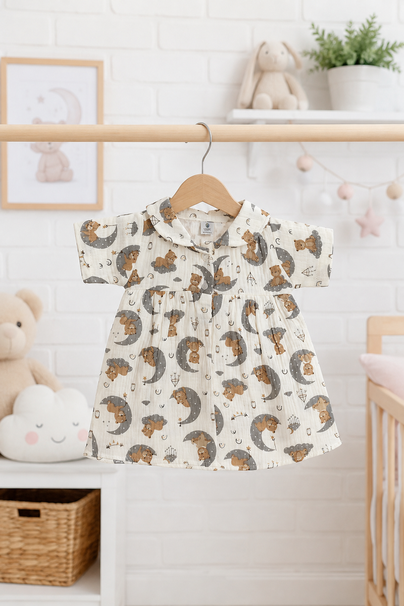 Good Night Bear Girls Dress with Short Sleeves and Cute Collar | Premium Crinkled Double Layered Muslin Fabric
