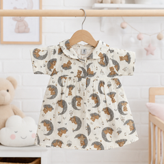 Good Night Bear Girls Dress with Short Sleeves and Cute Collar | Premium Crinkled Double Layered Muslin Fabric