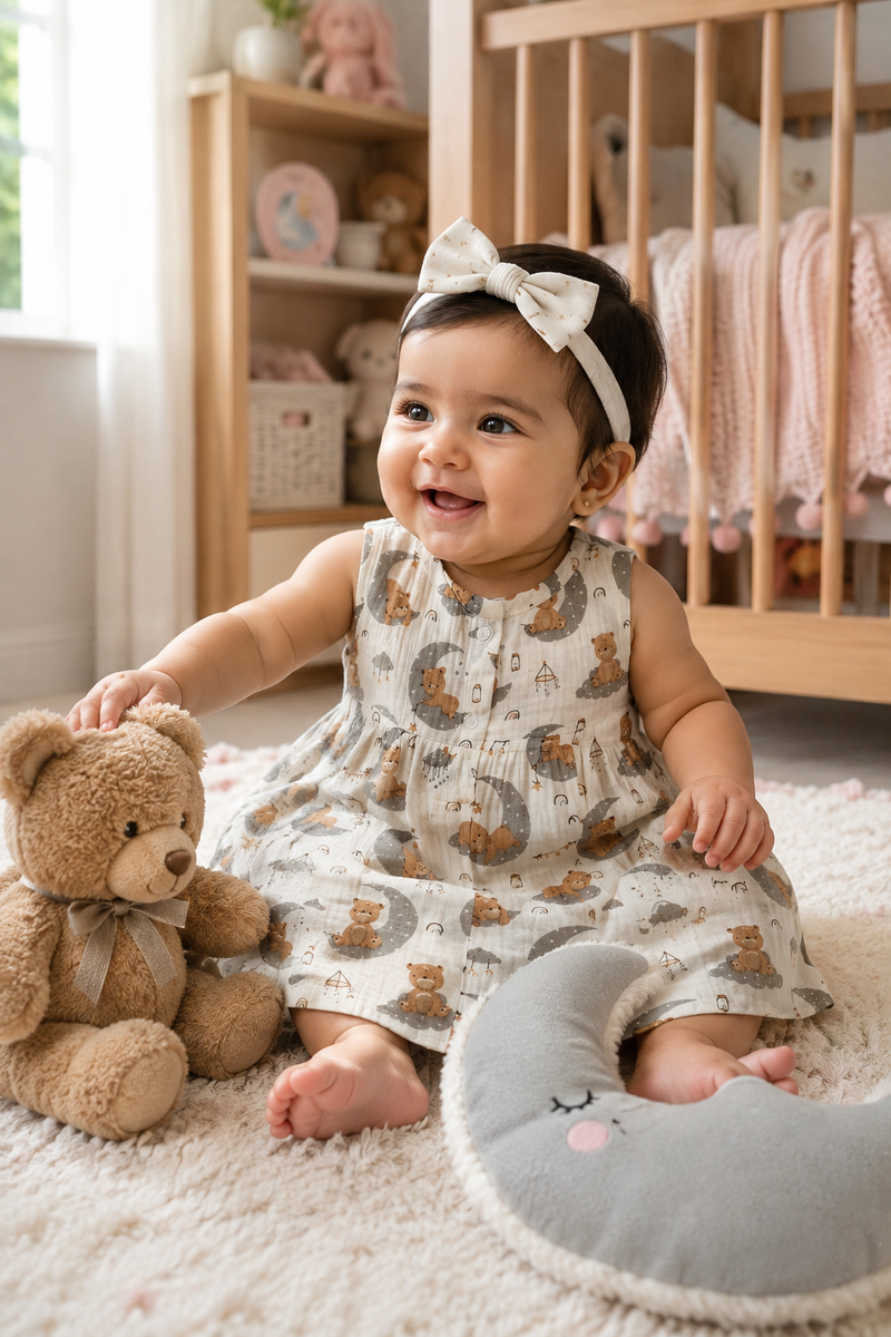 Good Night Bear Girls Dress | Sleeveless | Premium Crinkled Double Layered Muslin Fabric