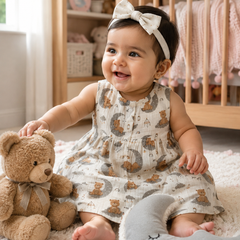 Good Night Bear Girls Dress | Sleeveless | Premium Crinkled Double Layered Muslin Fabric
