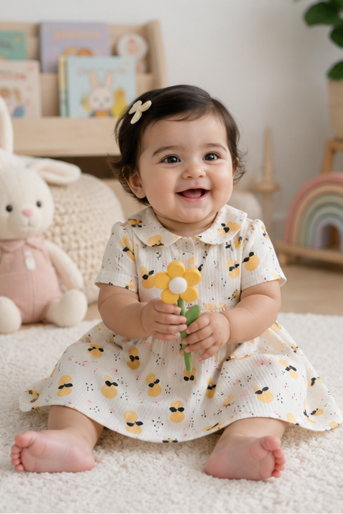 Girls Dress with Short Sleeves and Cute Collar | Premium Crinkled Double Layered Muslin Fabric - Design 20S