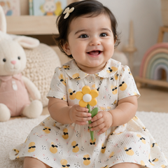 Girls Dress with Short Sleeves and Cute Collar | Premium Crinkled Double Layered Muslin Fabric - Design 20S