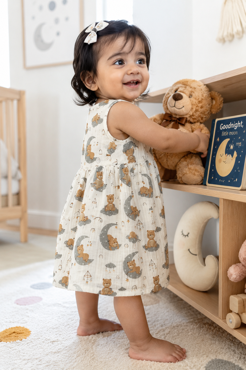 Good Night Bear Girls Dress | Sleeveless | Premium Crinkled Double Layered Muslin Fabric