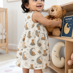 Good Night Bear Girls Dress | Sleeveless | Premium Crinkled Double Layered Muslin Fabric