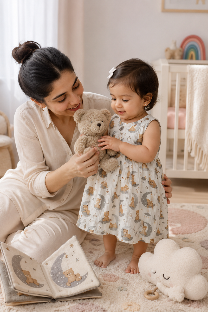 Good Night Bear Girls Dress | Sleeveless | Premium Crinkled Double Layered Muslin Fabric