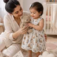 Good Night Bear Girls Dress | Sleeveless | Premium Crinkled Double Layered Muslin Fabric