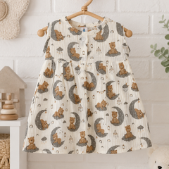 Good Night Bear Girls Dress | Sleeveless | Premium Crinkled Double Layered Muslin Fabric