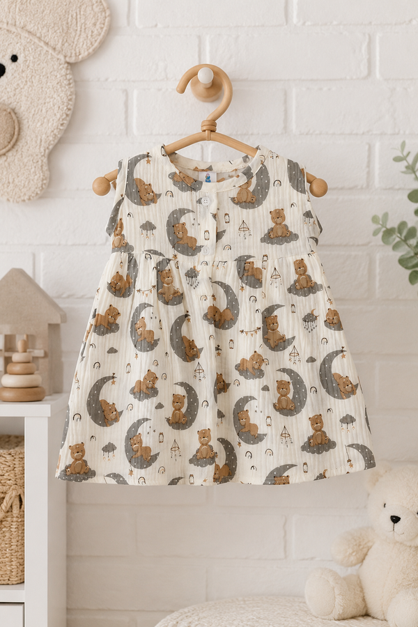Good Night Bear Girls Dress | Sleeveless | Premium Crinkled Double Layered Muslin Fabric