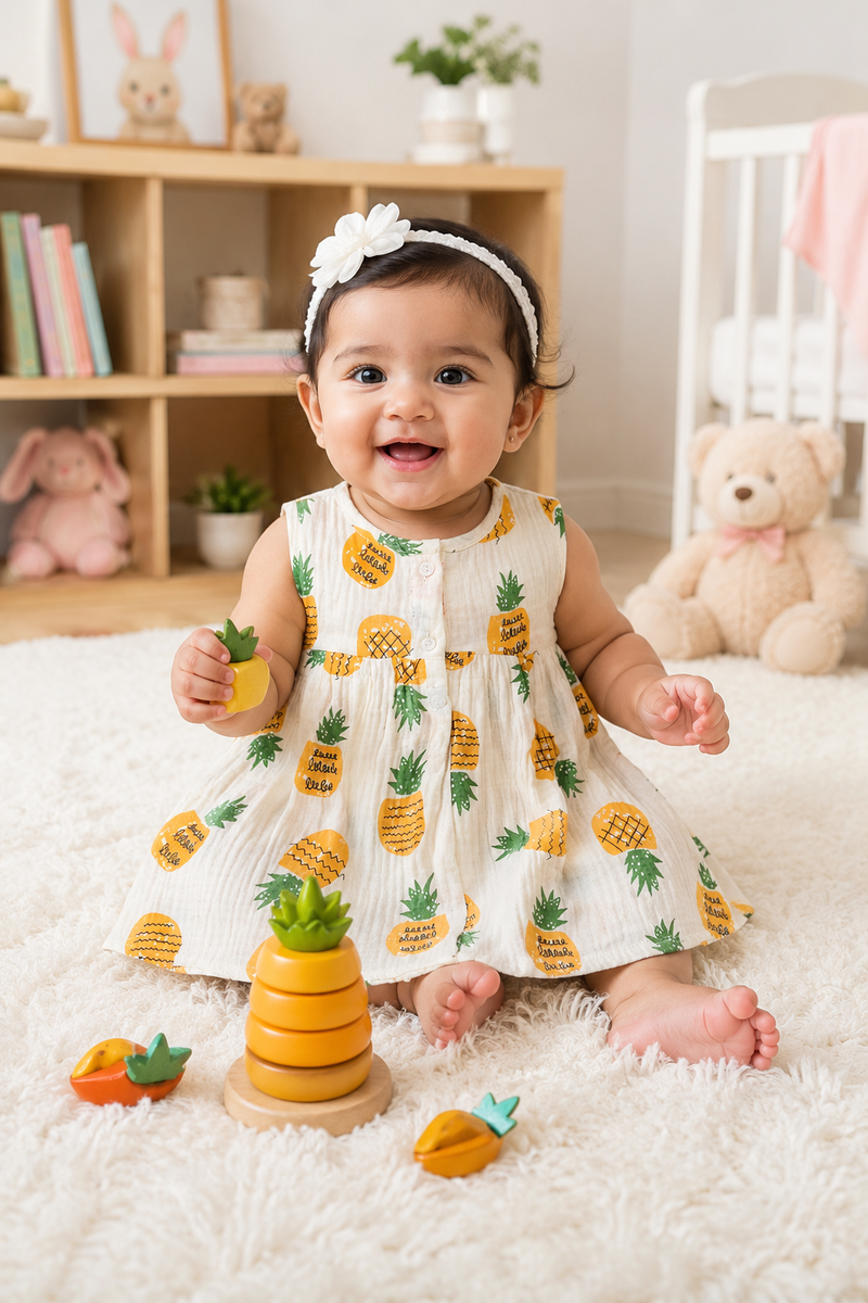 Pineapply Girls Dress | Sleeveless | Premium Crinkled Double Layered Muslin Fabric