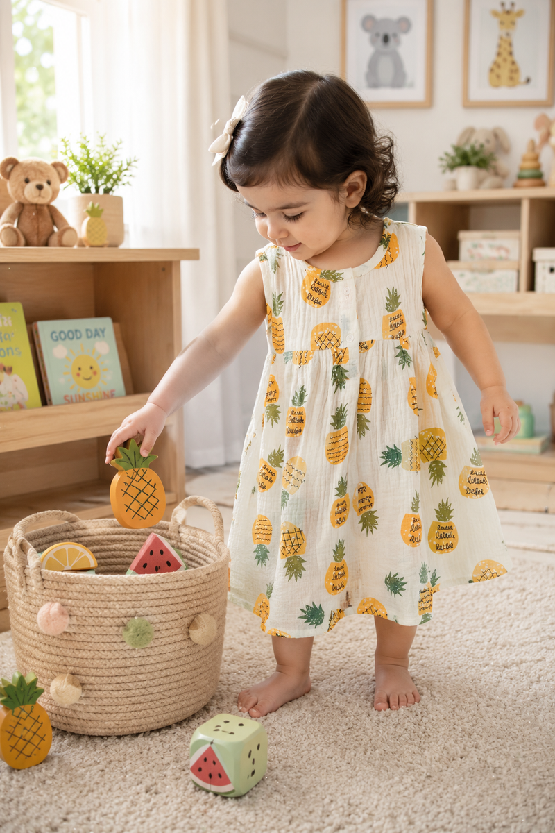 Pineapply Girls Dress | Sleeveless | Premium Crinkled Double Layered Muslin Fabric