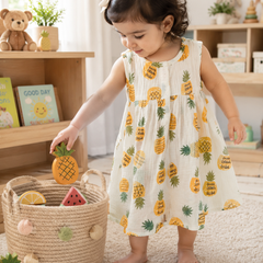 Pineapply Girls Dress | Sleeveless | Premium Crinkled Double Layered Muslin Fabric