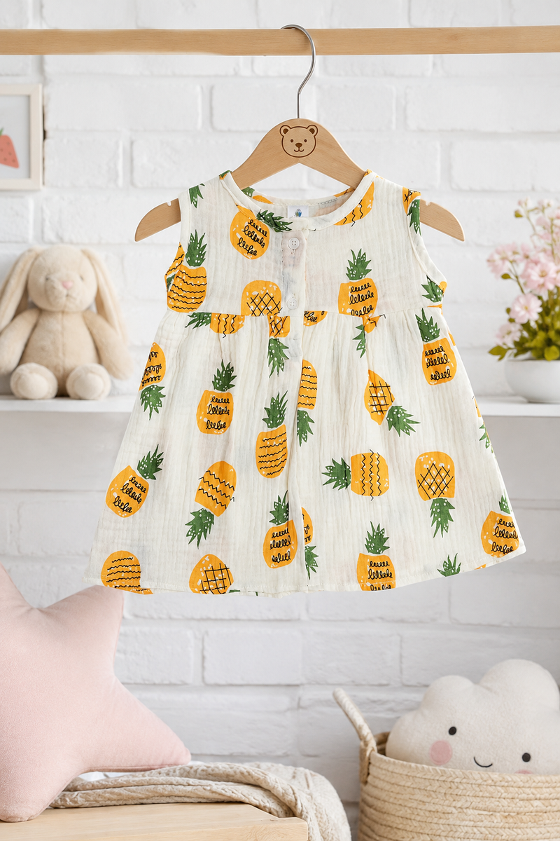 Pineapply Girls Dress | Sleeveless | Premium Crinkled Double Layered Muslin Fabric