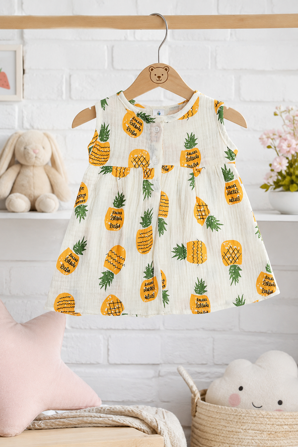 Pineapply Girls Dress | Sleeveless | Premium Crinkled Double Layered Muslin Fabric