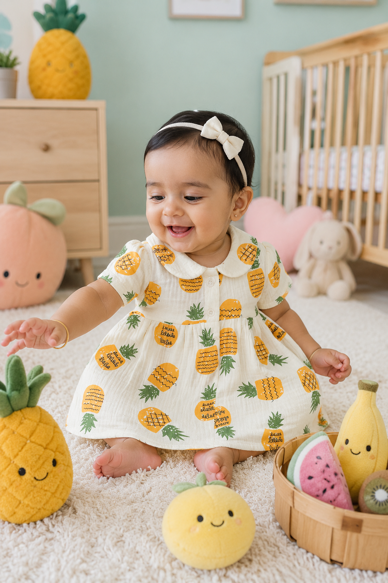 Pineapply Girls Dress with Short Sleeves and Cute Collar | Premium Crinkled Double Layered Muslin Fabric
