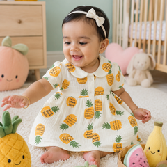 Pineapply Girls Dress with Short Sleeves and Cute Collar | Premium Crinkled Double Layered Muslin Fabric