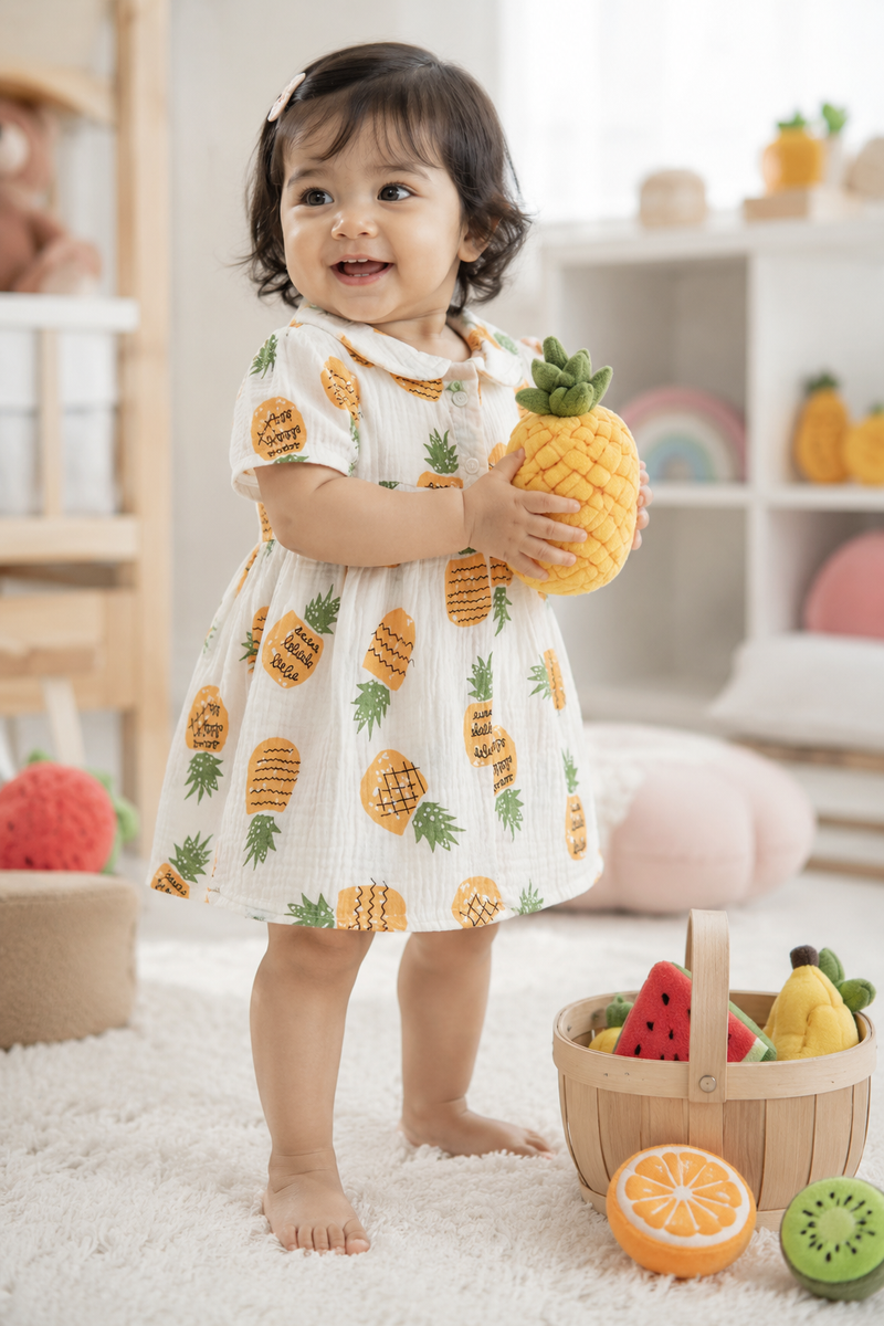 Pineapply Girls Dress with Short Sleeves and Cute Collar | Premium Crinkled Double Layered Muslin Fabric