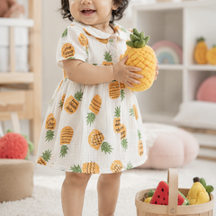 Pineapply Girls Dress with Short Sleeves and Cute Collar | Premium Crinkled Double Layered Muslin Fabric