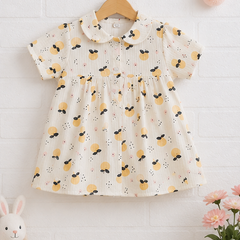 Girls Dress with Short Sleeves and Cute Collar | Premium Crinkled Double Layered Muslin Fabric - Design 20S