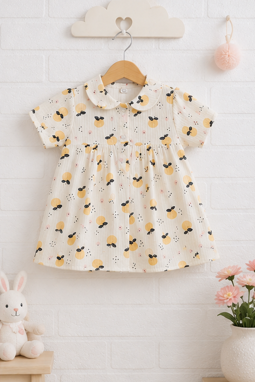 Girls Dress with Short Sleeves and Cute Collar | Premium Crinkled Double Layered Muslin Fabric - Design 20S