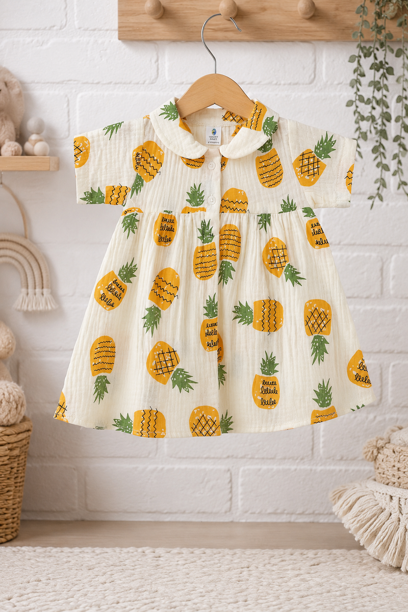 Pineapply Girls Dress with Short Sleeves and Cute Collar | Premium Crinkled Double Layered Muslin Fabric