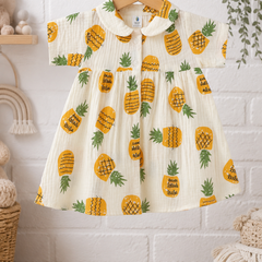 Pineapply Girls Dress with Short Sleeves and Cute Collar | Premium Crinkled Double Layered Muslin Fabric