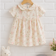 Blossom Girls Dress with Short Sleeves and Cute Collar | Premium Crinkled Double Layered Muslin Fabric