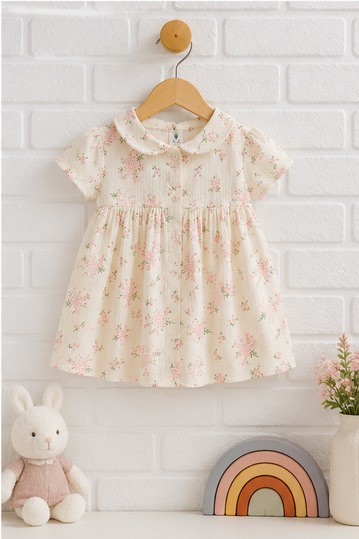 Blossom Girls Dress with Short Sleeves and Cute Collar | Premium Crinkled Double Layered Muslin Fabric